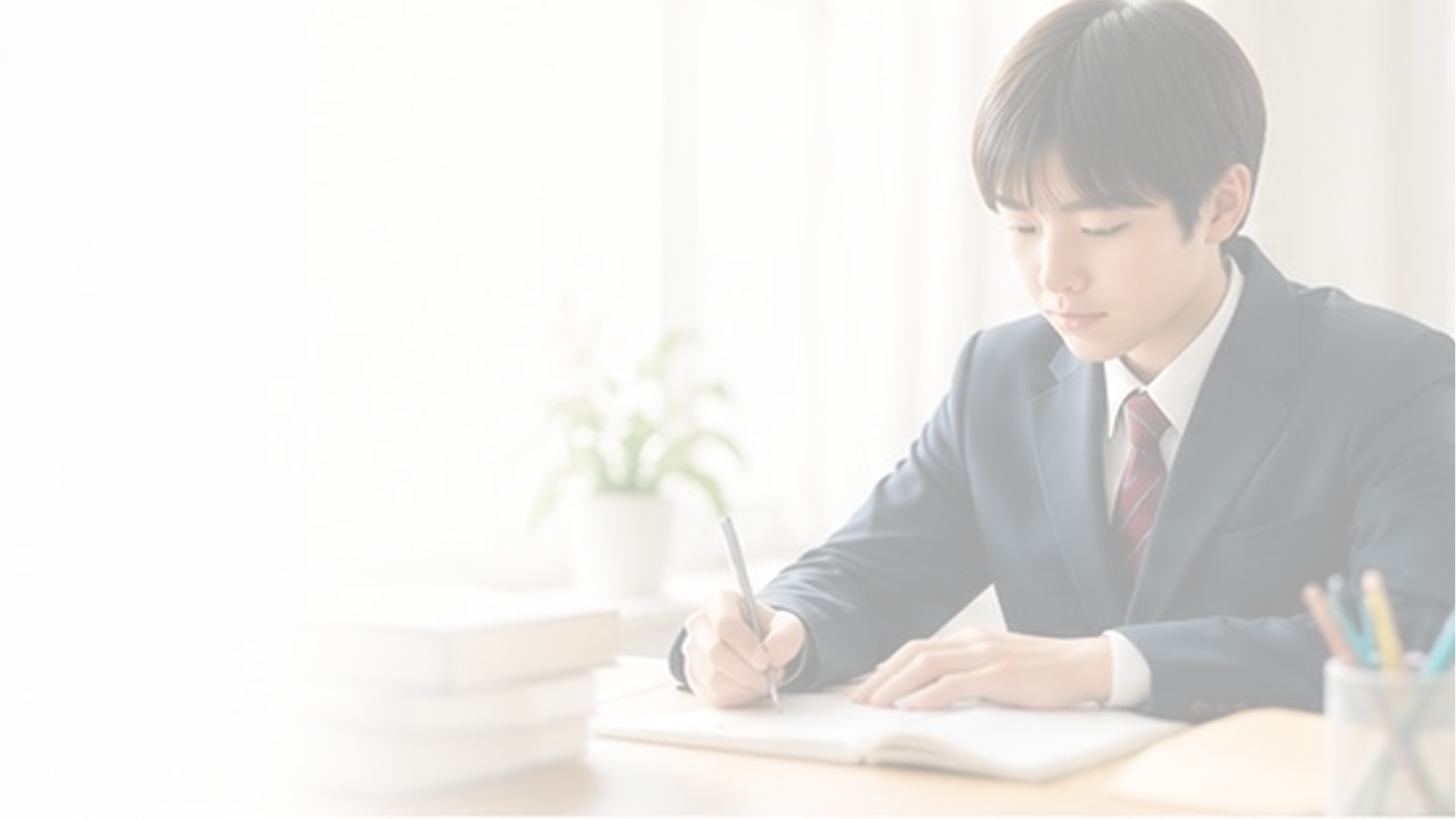机に向かって勉強する学生服の男性