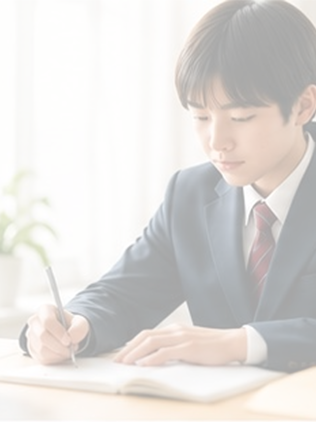 机に向かって勉強する学生服の男性