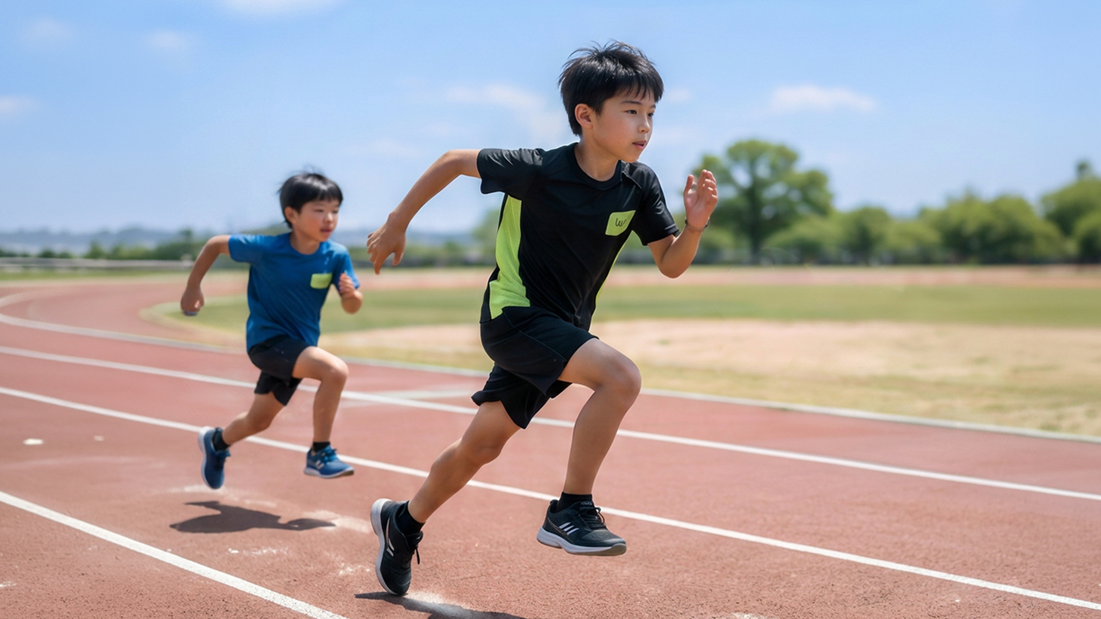 陸上トラックを全力で走る2人の少年