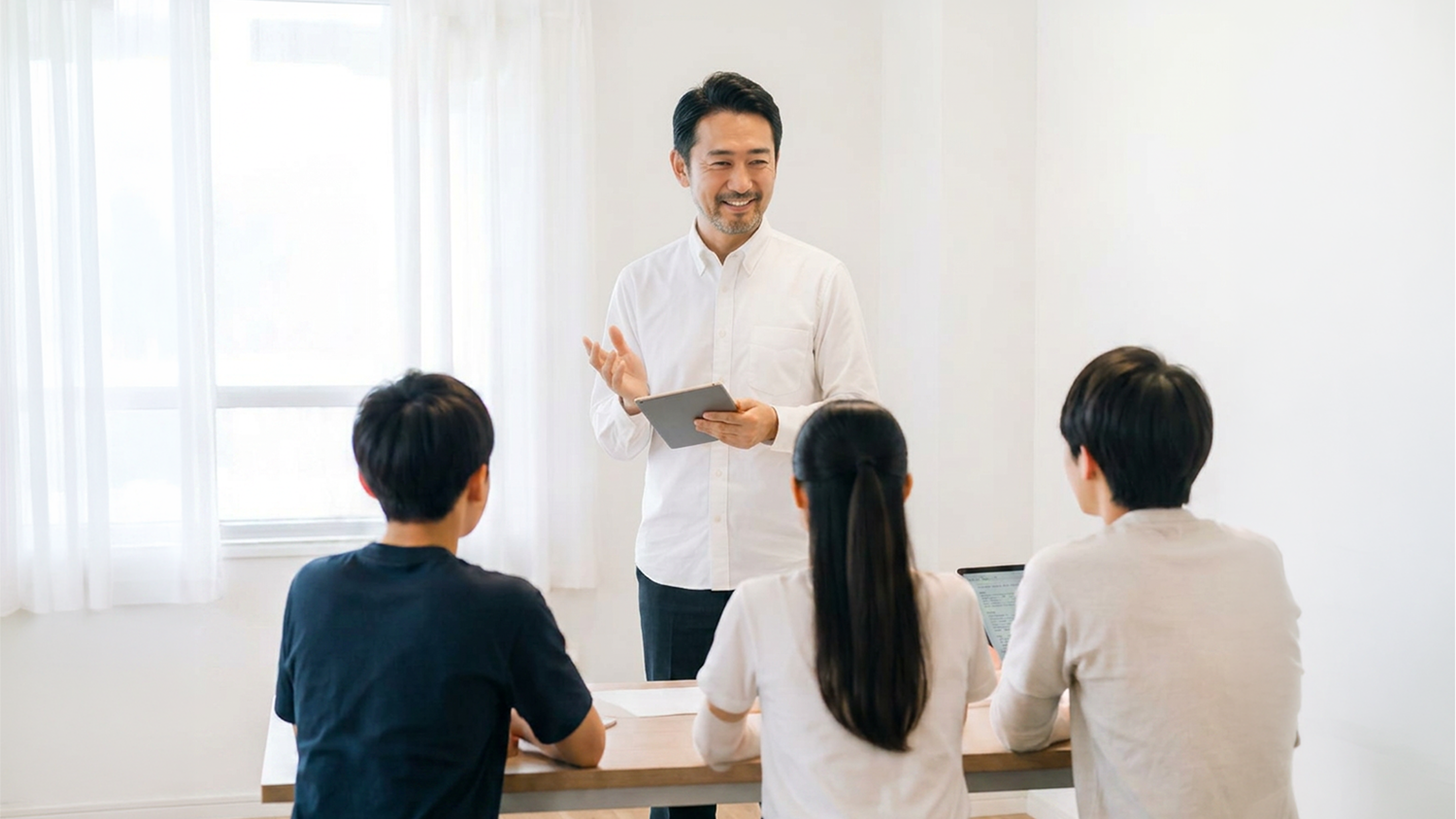 タブレットを片手に生徒たちへ説明する男性講師