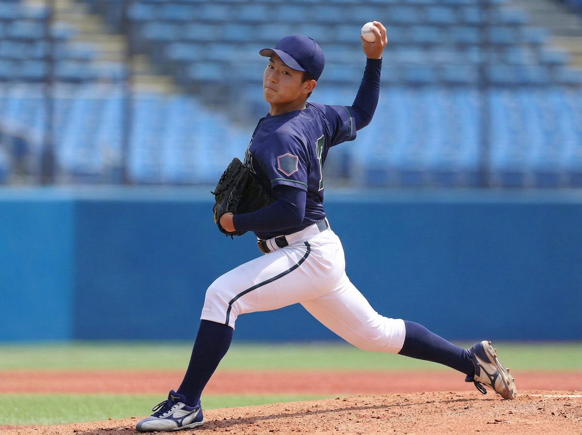 マウンド上で投球フォームを確認する投手